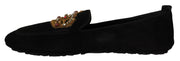 Dolce & Gabbana Black Leather Crystal Gold Crown Loafers Shoes