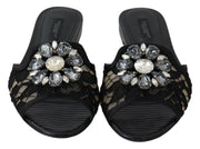 Dolce & Gabbana Black Taormina Lace Slides Crystals Flats Shoes