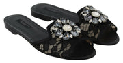 Dolce & Gabbana Black Taormina Lace Slides Crystals Flats Shoes
