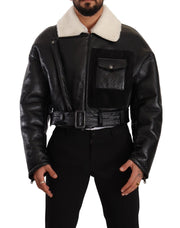 Dolce & Gabbana Black Leather Shearling Biker Coat Jacket