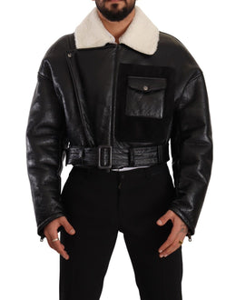Dolce & Gabbana Black Leather Shearling Biker Coat Jacket