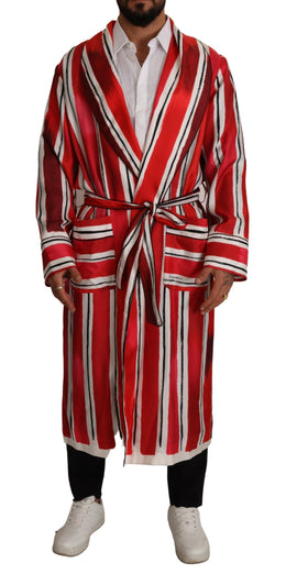 Dolce & Gabbana Red White Striped Silk Mens Night Gown Robe