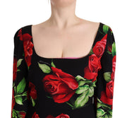 Dolce & Gabbana Black Red Roses Sheath Stretch Silk Dress
