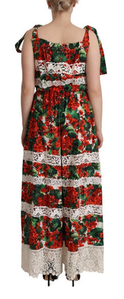 Dolce & Gabbana Multicolor Geranium Print Lace Long Maxi Dress