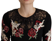Dolce & Gabbana Black Lace Angel Roses Cardigan Sweater