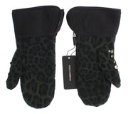 Dolce & Gabbana Gray Wool Shearling Studded Green Leopard Gloves