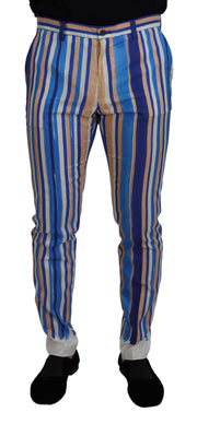 Dolce & Gabbana Blue Striped Silk Cotton Slim Trousers Pants