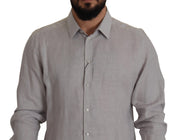 Dolce & Gabbana Gray Linen Long Sleeves Formal GOLD Shirt