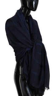 GF Ferre Dark Blue Wool Neck Wrap Shawl Fringes Scarf