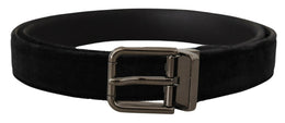 Dolce & Gabbana Black Velvet Silver Tone Logo Metal Buckle Belt
