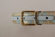 Dolce & Gabbana Blue Leather Jacquard Embossed Gold Metal Buckle Belt