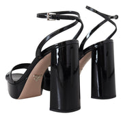 Prada Black Patent Sandals Ankle Strap Heels Leather