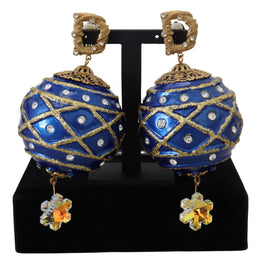 Dolce & Gabbana Gold Brass Blue Dangle Ball Crystal Clip On Earrings
