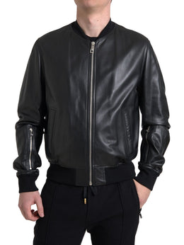 Dolce & Gabbana Black Leather Full Zip Bomber Men Jacket