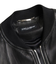 Dolce & Gabbana Black Leather Full Zip Bomber Men Jacket
