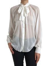 Dolce & Gabbana White Silk Sheer Tied Neck Polka Dots Blouse