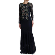 Dolce & Gabbana Blue Crystal Floral Lace Long Gown Dress