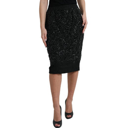 Dolce & Gabbana Black Crystal Handmade Knee Pencil Skirt