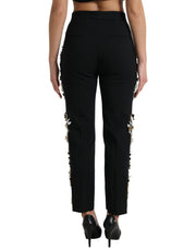 Dolce & Gabbana Black Floral Applique High Waist Tapered Pants