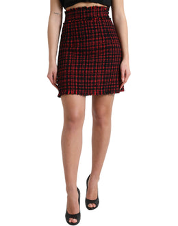 Dolce & Gabbana Black Red Cotton High Waist Tartan Tweed Mini Skirt