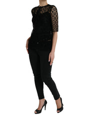 Dolce & Gabbana Black Floral Lace Short Sleeves Blouse Top