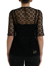 Dolce & Gabbana Black Floral Lace Short Sleeves Blouse Top