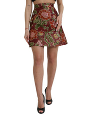 Dolce & Gabbana Maroon Floral Jacquard A-line Mini Skirt