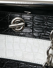 Balenciaga Black White Striped Exotic Skin Leather Maxi Bucket Tote Bag