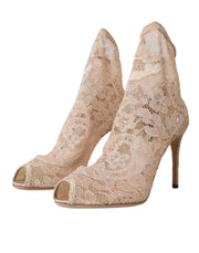 Dolce & Gabbana Beige Stretch Taormina Lace Boots Shoes