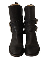 Dolce & Gabbana Black Leather Buckle Mid Calf Boots Shoes