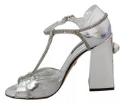 Dolce & Gabbana Silver Crystals T-strap Sandals Leather Shoes