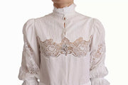 Dolce & Gabbana White Cotton Lace Trim Turtle Neck Blouse Top