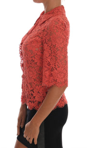 Dolce & Gabbana Orange Crystal Buttons Floral Lace Blouse