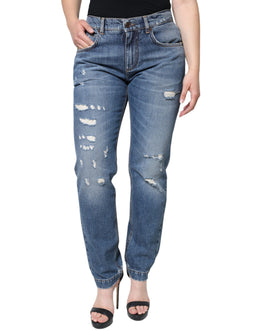 Dolce & Gabbana Blue Cotton Tattered Boyfriend Denim Jeans