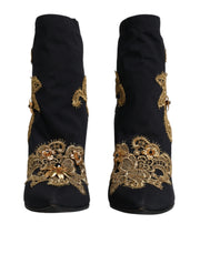 Dolce & Gabbana Black Gold Embroidery Slip On Boots Shoes