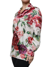 Dolce & Gabbana White Peony Silk Long Sleeves Collared Blouse Top