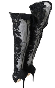 Dolce & Gabbana Black Floral Embroidered Socks Boots