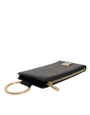 Dolce & Gabbana Black Leather Logo Plaque Neck Strap Card Coin Wallet