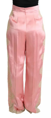 Dolce & Gabbana Pink Lace Trimmed Silk Satin Wide Legs Pants