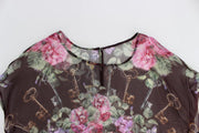 Dolce & Gabbana Black Key Floral Print Silk Blouse T-shirt