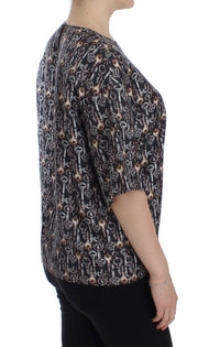 Dolce & Gabbana Gray Gold Key Print Silk Blouse T-shirt