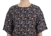 Dolce & Gabbana Gray Gold Key Print Silk Blouse T-shirt