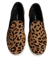 Dolce & Gabbana Brown Calfskin Fur Leopard Sneakers Shoes
