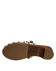 Dolce & Gabbana White Raffia Clogs Bejeweled Chain Sandals Shoes