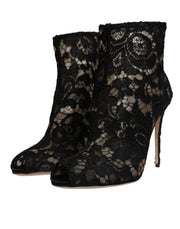 Dolce & Gabbana Black Floral Lace Heels Ankle Boots Shoes