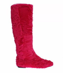 Dolce & Gabbana Pink Lamb Fur Leather Flat Boots Shoes