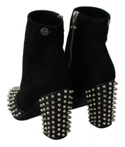 Philipp Plein Black Suede Studded Heels Ankle Boots Shoes