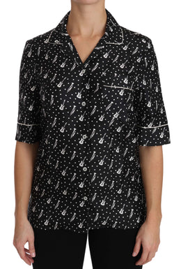 Dolce & Gabbana Black GuitarTrumpet Print Silk Shirt Top