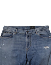 Dolce & Gabbana Blue Tattered Cotton Straight Denim Jeans