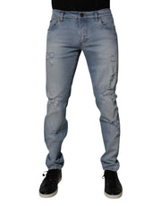 Dolce & Gabbana Blue Tattered Cotton Skinny Men Denim Jeans